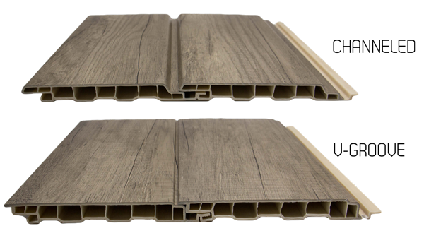 A horizontal orientation of the profiles of the channeled and v-groove SAGIWALL product.